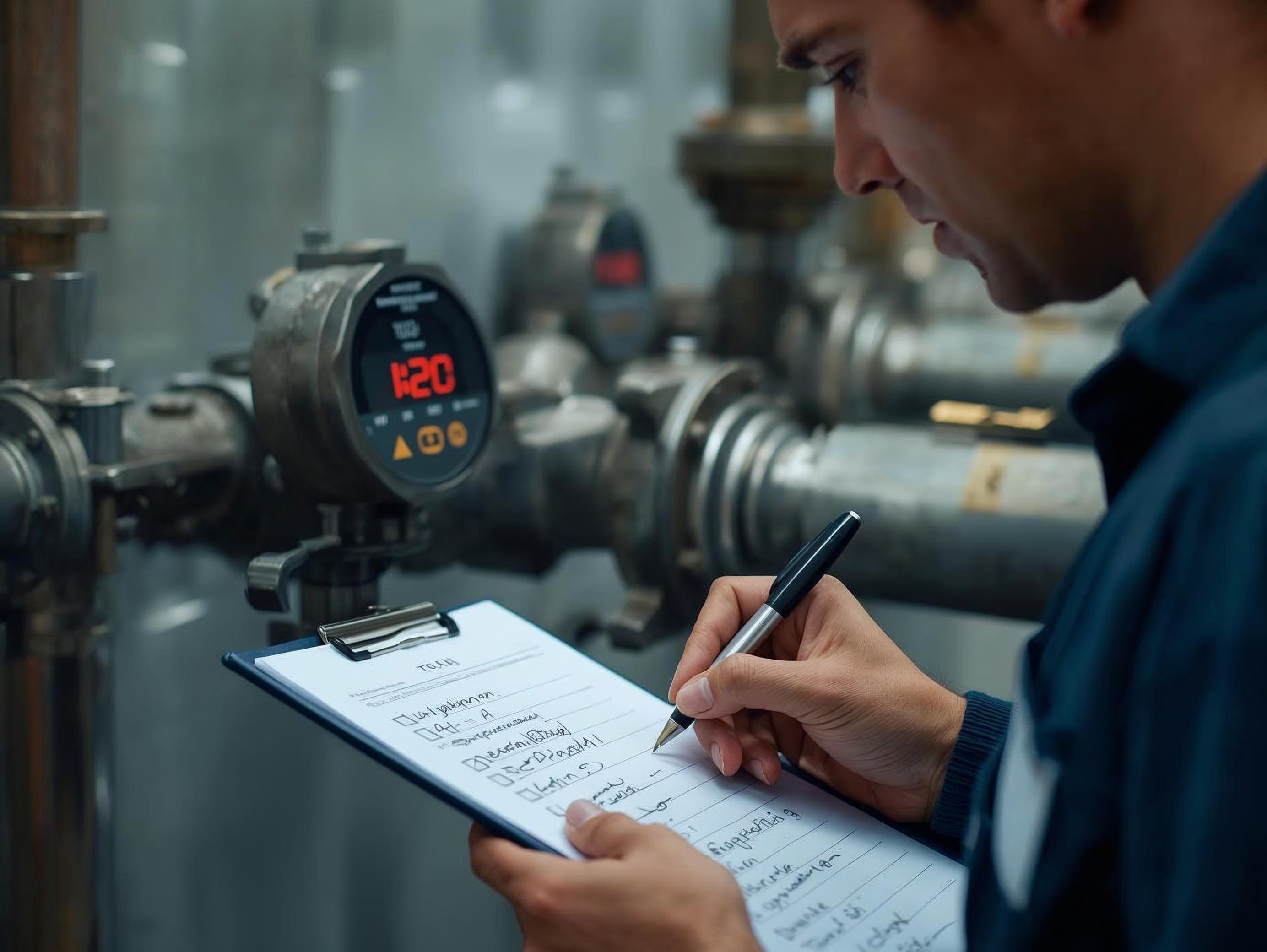 Technician calibrating radar level gauge on storage tank roof
